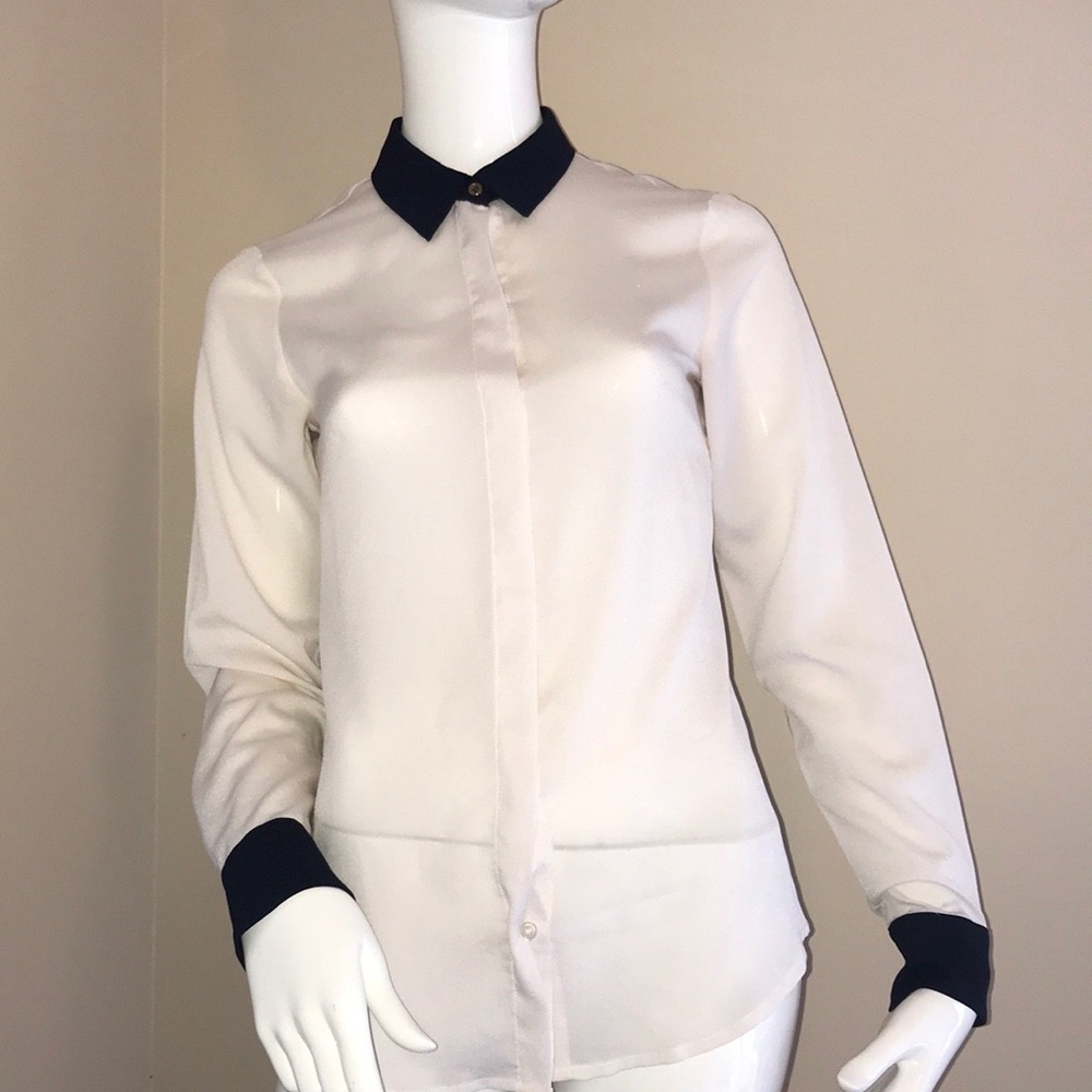 The Limited ivory navy long sleeve blouse XS